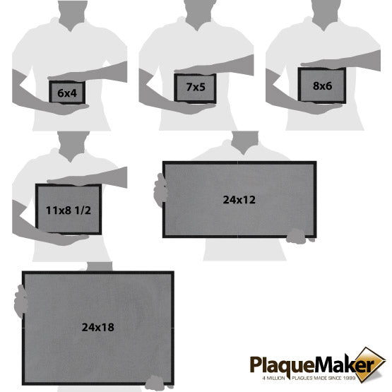 Size Guide With Blank Figures Holding Different Sizes Of Custom Titanium Plaque With Granite Board Against White Background