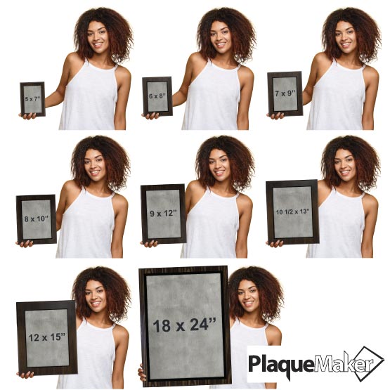 Size Guide With Woman Holding Different Sizes Of Custom Titanium Plaque With Wood Board Against White Background