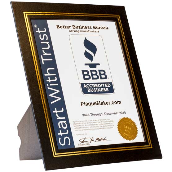 Custom Black Vinyl Presentation Folder With Gold Frame And Built-In Easel And Sample Better Business Bureau Certificate
