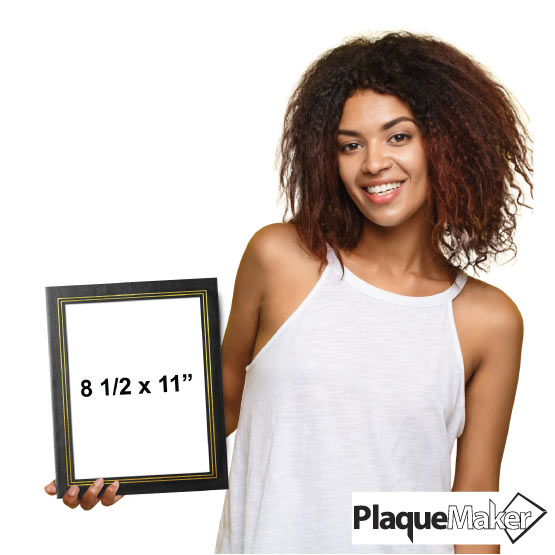 Size Guide With Woman Holding Black Vinyl Certificate Presentation Folder With Gold Frame And Showing Measurements