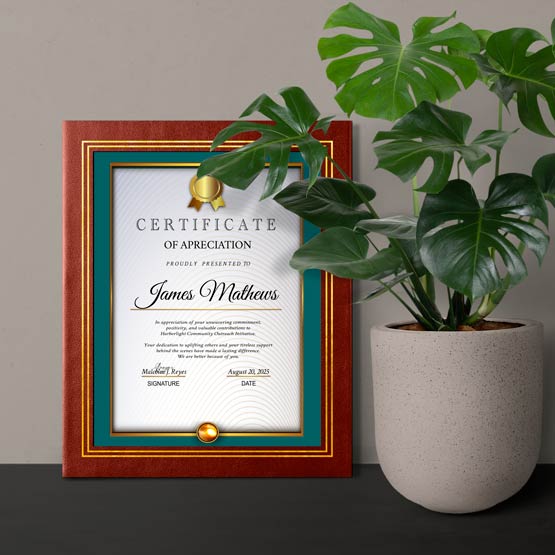 Burgundy Vinyl Certificate Folder Plaque Holding Certificate For James Mathews Near Monstera. 