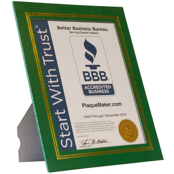 Custom Green Vinyl Presentation Folder With Gold Frame And Built-In Easel And Sample Better Business Bureau Certificate