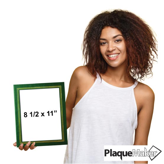 Size Guide With Woman Holding Green Vinyl Certificate Presentation Folder With Gold Frame And Showing Measurements