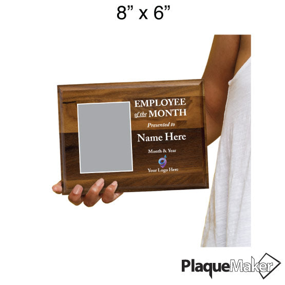 Size Guide With Woman Hand Holding Solid Walnut Plaque Award For Employee Of The Month With Printing Of Customizable Areas