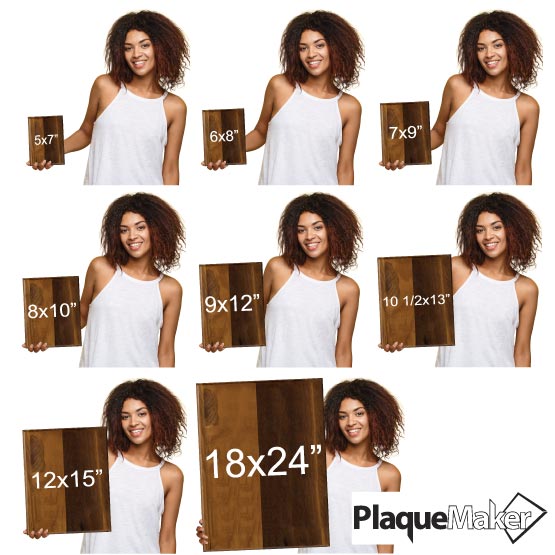 Size Guide With Happy Woman Holding Different Sizes Of Solid Walnut Plaque Showing Measurements Against White Background