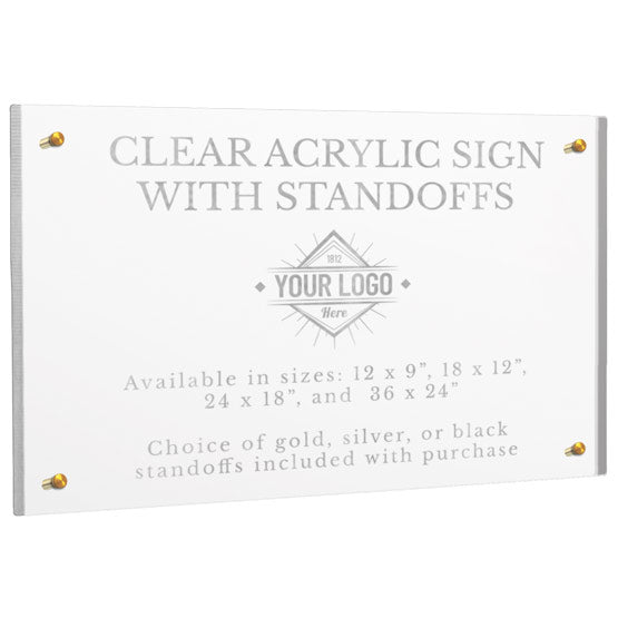 Clear Acrylic Sign With 4 Gold Standoffs And Laser Engraved To Show Customization Options And Areas Against White Background