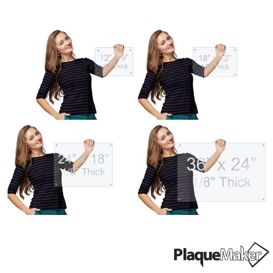 Size Guide With Woman Holding 4 Different Sizes Of Clear Acrylic Signs With Standoffs And Showing Measurements