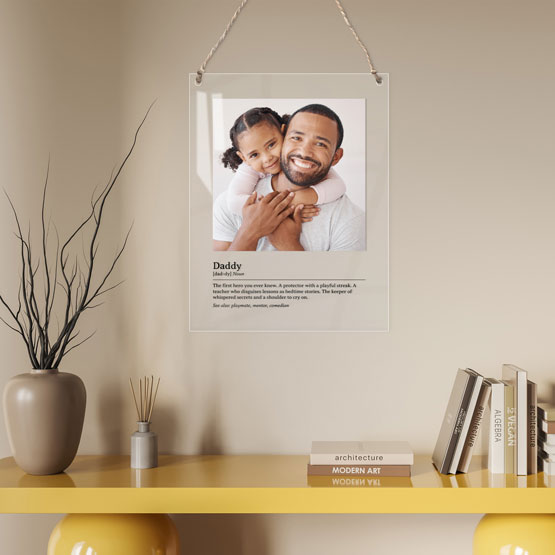 Full Color Acrylic Sign With Photo Of Dad With Daughter And Custom Father Definition Hanging Via Twine Above Shelf With Books