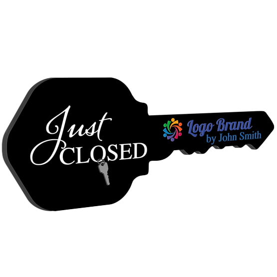 House Key Shaped Black Acrylic Sign Color Printed With Just Closed Message And Key Ring Art And Sample Logo And Name