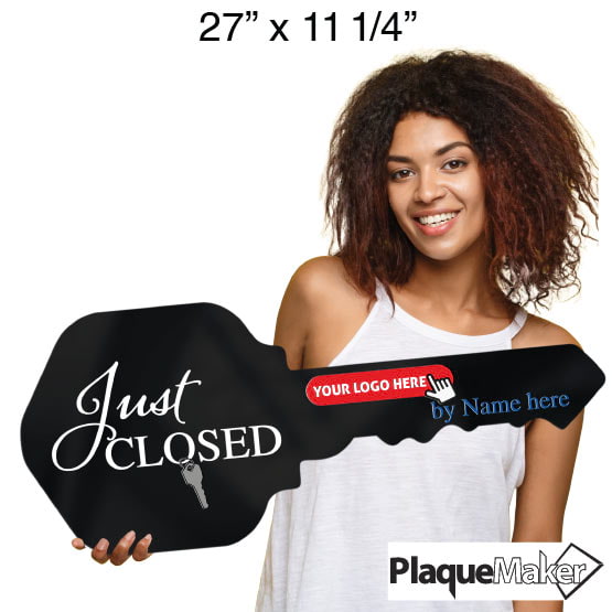 Size Guide With Woman Holding House Key Shaped Black Acrylic Sign Printed With Just Closed Design And Sample Logo And Name