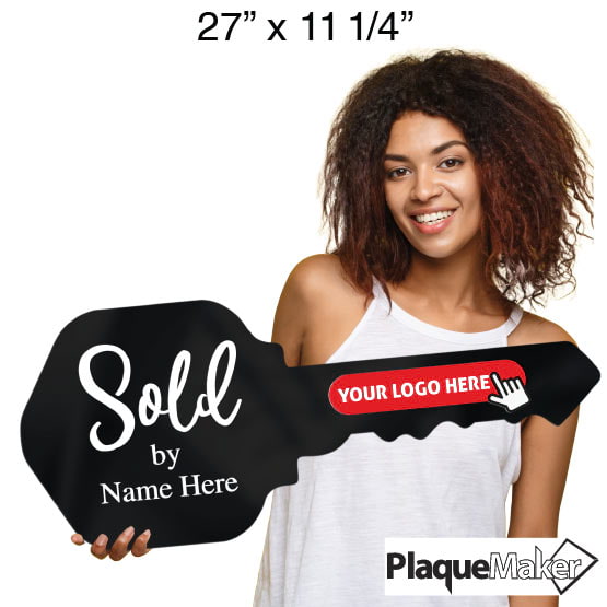 Size Guide Of Woman Holding House Key Shaped Black Acrylic Sign With Sold By Text And Showing Areas For Custom Logo And Name