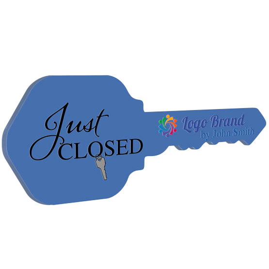 House Key Shaped Blue Acrylic Sign Color Printed With Just Closed Message And Key Ring Art And Sample Logo And Name