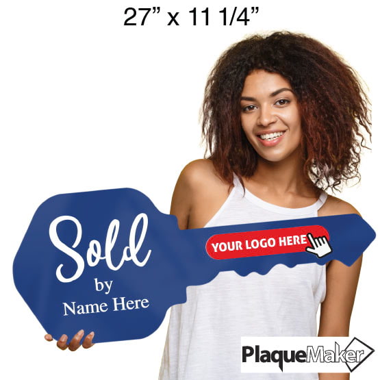 Size Guide Of Woman Holding House Key Shaped Blue Acrylic Sign With Sold By Text And Showing Areas For Custom Logo And Name