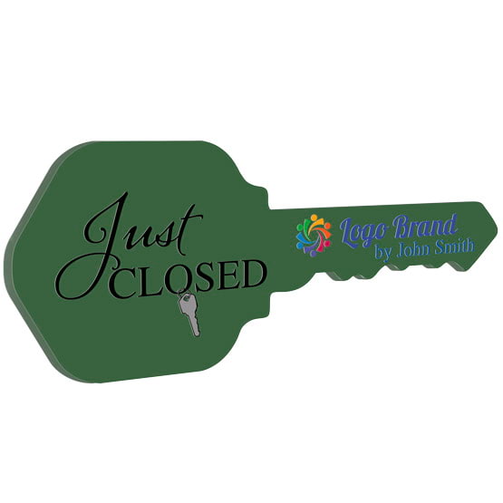 House Key Shaped Green Acrylic Sign Color Printed With Just Closed Message And Key Ring Art And Sample Logo And Name