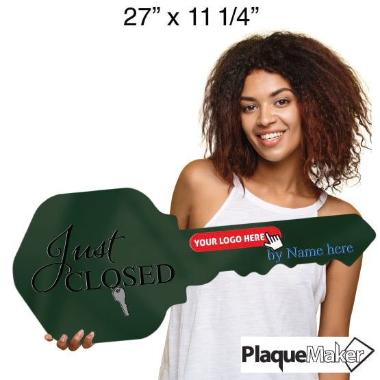 Size Guide With Woman Holding House Key Shaped Green Acrylic Sign Printed With Just Closed Design And Sample Logo And Name