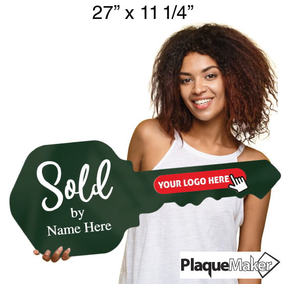 Size Guide Of Woman Holding House Key Shaped Green Acrylic Sign With Sold By Text And Showing Areas For Custom Logo And Name
