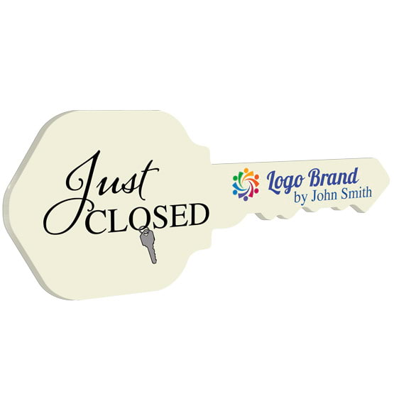 House Key Shaped Ivory Acrylic Sign Color Printed With Just Closed Message And Key Ring Art And Sample Logo And Name