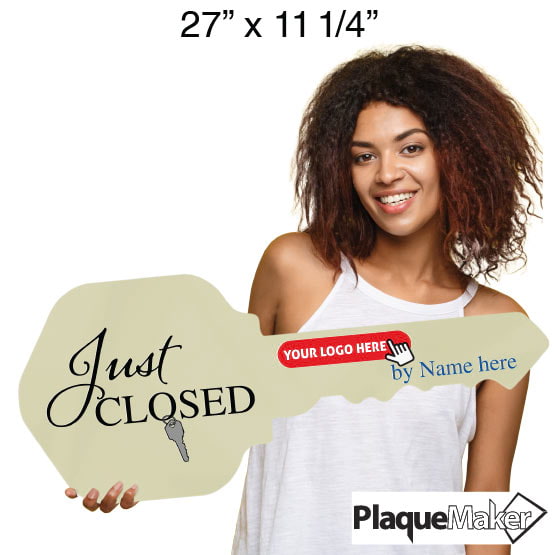 Size Guide With Woman Holding House Key Shaped Ivory Acrylic Sign Printed With Just Closed Design And Sample Logo And Name