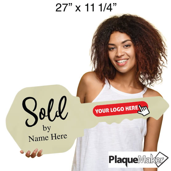 Size Guide Of Woman Holding House Key Shaped Ivory Acrylic Sign With Sold By Text And Showing Areas For Custom Logo And Name