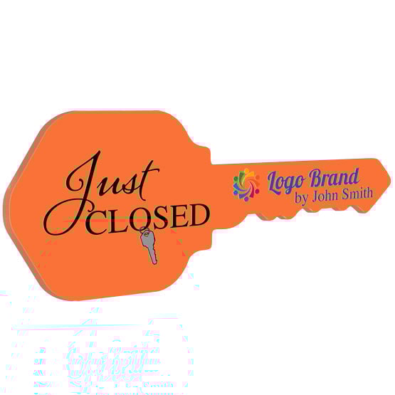 House Key Shaped Orange Acrylic Sign Color Printed With Just Closed Message And Key Ring Art And Sample Logo And Name