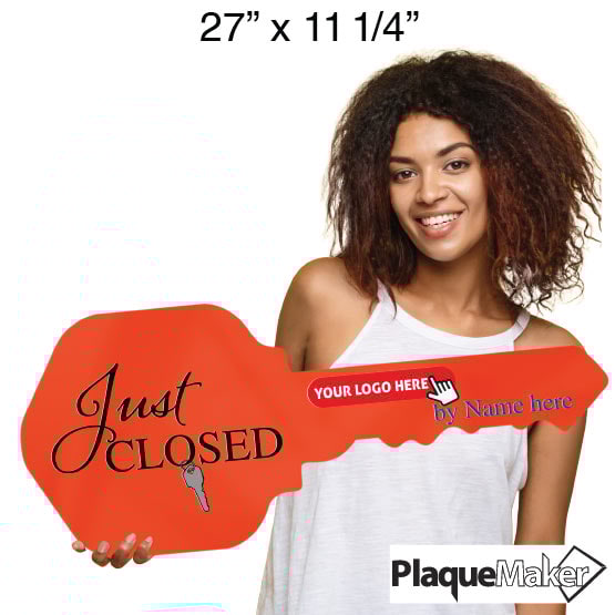 Size Guide With Woman Holding House Key Shaped Orange Acrylic Sign Printed With Just Closed Design And Sample Logo And Name