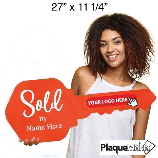 Size Guide Of Woman Holding House Key Shaped Orange Acrylic Sign With Sold By Text And Showing Areas For Custom Logo And Name