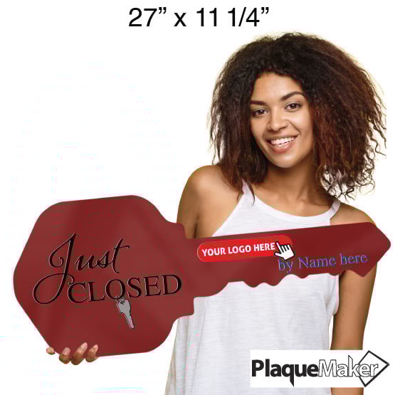 Size Guide With Woman Holding House Key Shaped Red Acrylic Sign Printed With Just Closed Design And Sample Logo And Name