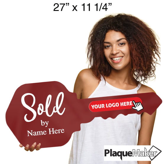 Size Guide Of Woman Holding House Key Shaped Red Acrylic Sign With Sold By Text And Showing Areas For Custom Logo And Name
