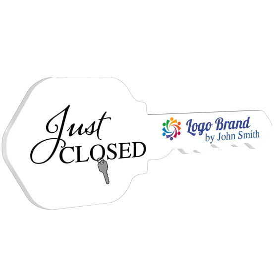 House Key Shaped White Acrylic Sign Color Printed With Just Closed Message And Key Ring Art And Sample Logo And Name