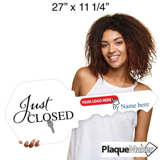 Size Guide With Woman Holding House Key Shaped White Acrylic Sign Printed With Just Closed Design And Sample Logo And Name