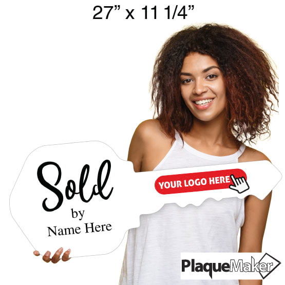 Size Guide Of Woman Holding House Key Shaped White Acrylic Sign With Sold By Text And Showing Areas For Custom Logo And Name