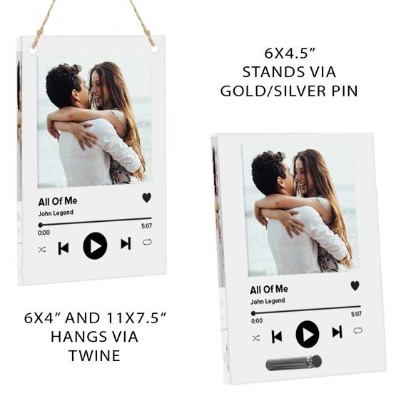 Mounting Examples Of Twine And Standing Pin For Clear Acrylic Sign With Full Color Couple Photo And Custom Song Details