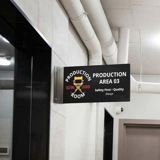 Black Acrylic Sign Printed With Logo And Production Room Details Mounted Beside Doorway Via Matte Silver T Wall Mount