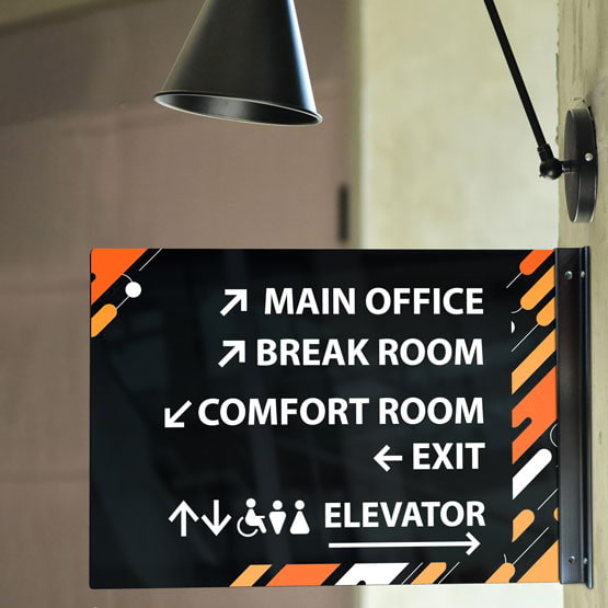 Black Acrylic Sign Printed With Custom Directions Mounted On Wall Via Black T Wall Mount Beneath Black Sconce