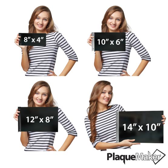 Size Guide With Woman Holding 4 Different Sizes Of Black Acrylic Sign With Matte Silver T Wall Mount And Showing Measurements