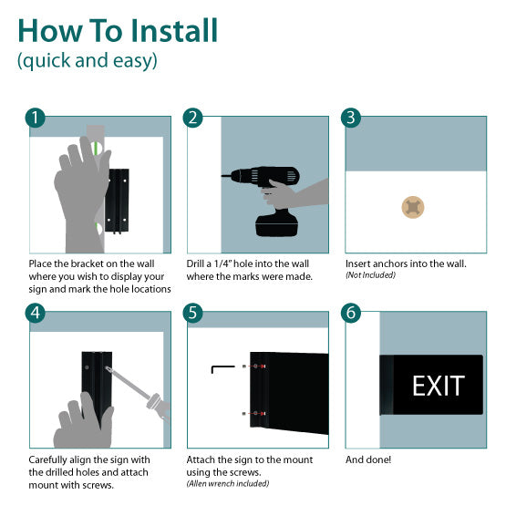 Installation Guide For Black Acrylic Sign With T Wall Mount Featuring Images And Instructions For Holes And Screws