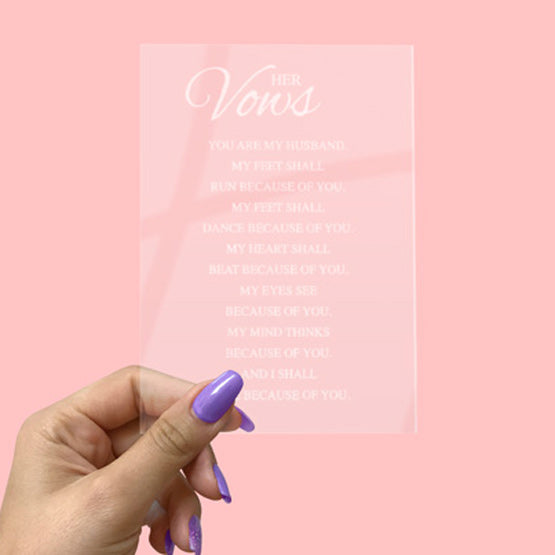 Woman Hand Holding Clear Acrylic Signs With Frosted Engravings Of Center Aligned Vows With You Are My Husband Message