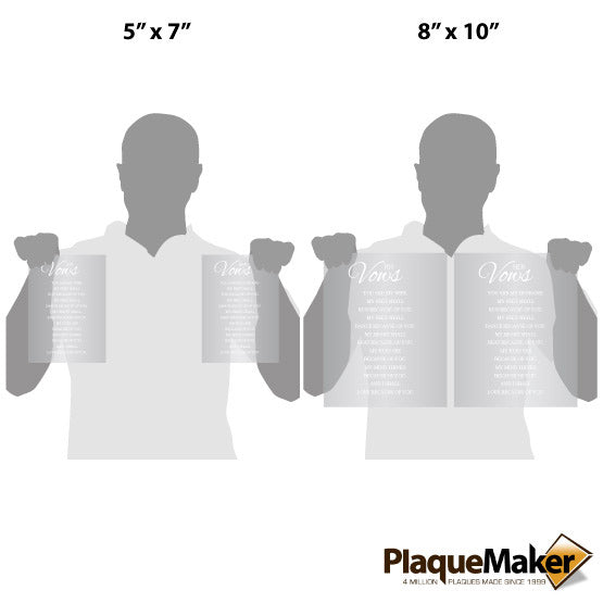 Size Guide With Blank Figures Each Holding A Pair Of Clear Acrylic Signs With Frosted Engraved Vows For Husband And Wife