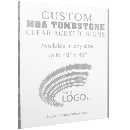 A clear acrylic custom M&A Tombstone sign with engraved text and placeholder artwork, placed at a slight angle on a white background.