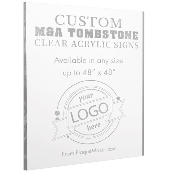 A clear acrylic custom M&A Tombstone sign with engraved text and placeholder artwork, placed at a slight angle on a white background.