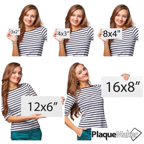 Size Guide With Happy Woman Holding Different Sizes Of Silver Aluminum Address Sign And Showing Measurements