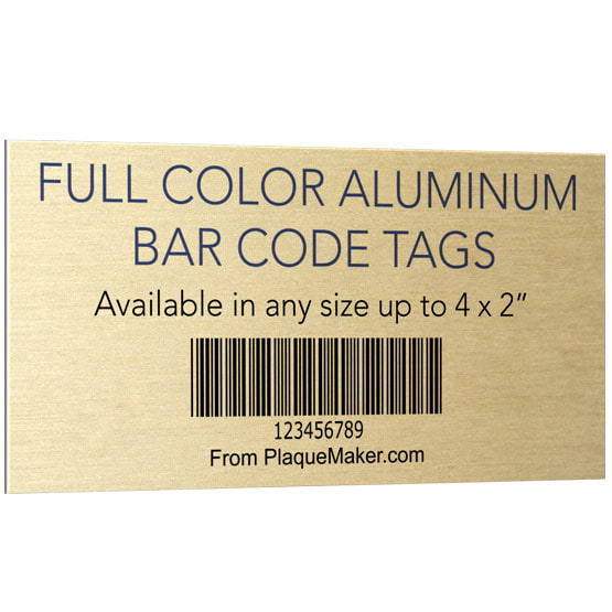 Custom Gold Aluminum Bar Code Tag Showing Customization Options And Areas With Sample Barcode Against White Background