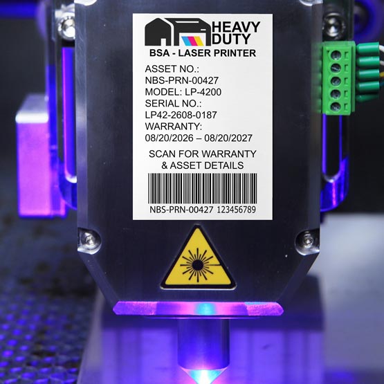 White Aluminum Bar Code Tag Printed With Logo And Laser Printer Details Mounted Directly Onto The Equipment Indoors