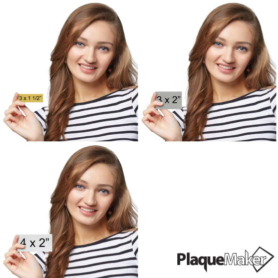 Size Guide With Happy Woman Holding Custom Aluminum Bar Code Tag In Three Different Colors And Sizes Up To 4 By 2 Inches