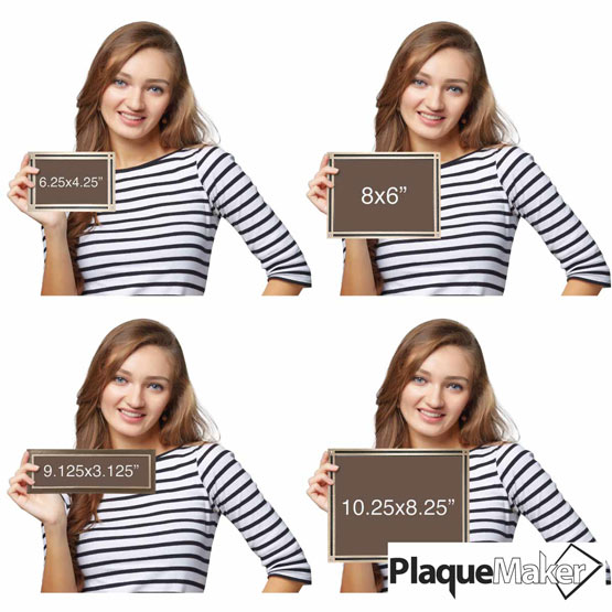 Size Guide With Woman Holding Cast Aluminum Sign With Bronze Frame And Brown Plastic Plate Showing Measurements