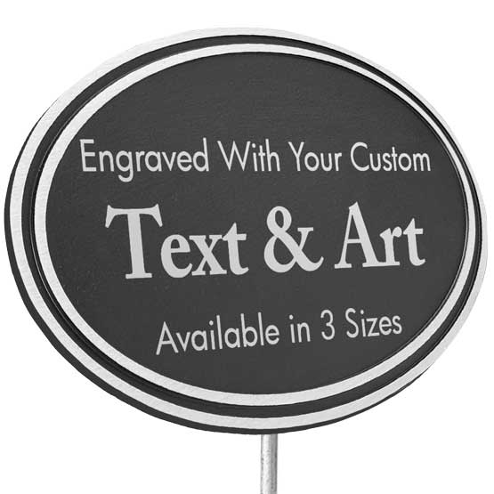 Oval Cast Aluminum Black And Silver Sign With Stand And Plastic Plate Engraved To Show Customizable Areas For Text And Art