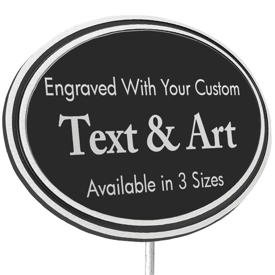 Oval Cast Aluminum Black And Silver Sign With Stand And Plastic Plate Engraved To Show Customizable Areas For Text And Art