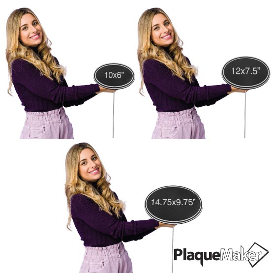 Size Guide With Happy Woman Holding Oval Cast Aluminum Black And Silver Sign With Stand And Plastic Plate And Measurements