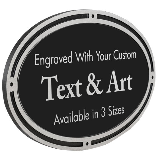 Oval Cast Aluminum Black And Silver Sign With Plastic Plate Laser Engraved To Show Customizable Areas For Text And Art