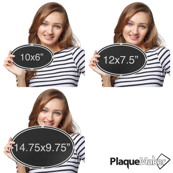 Size Guide With Happy Woman Holding Oval Cast Aluminum Black And Silver Sign With Plastic Plate Showing Measurements